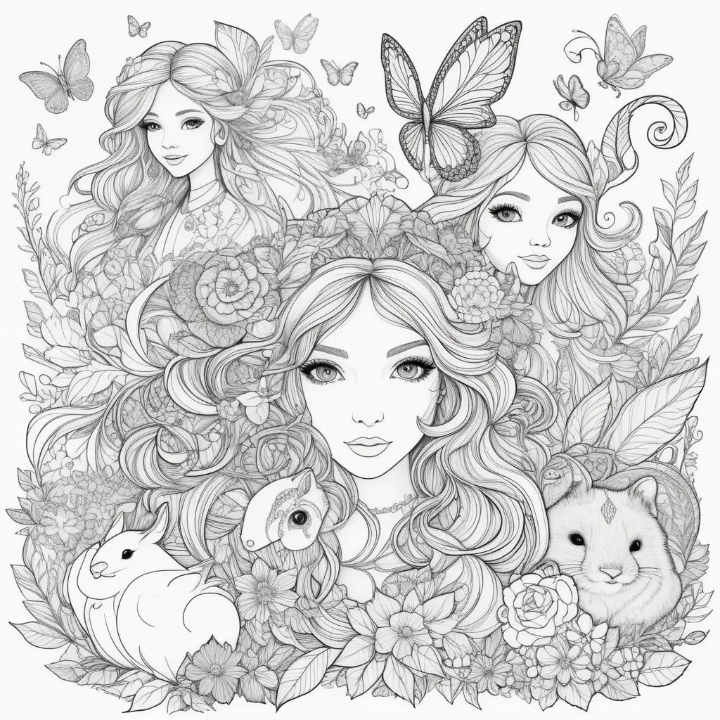 Colorful friends coloring pages with butterflies and flowers