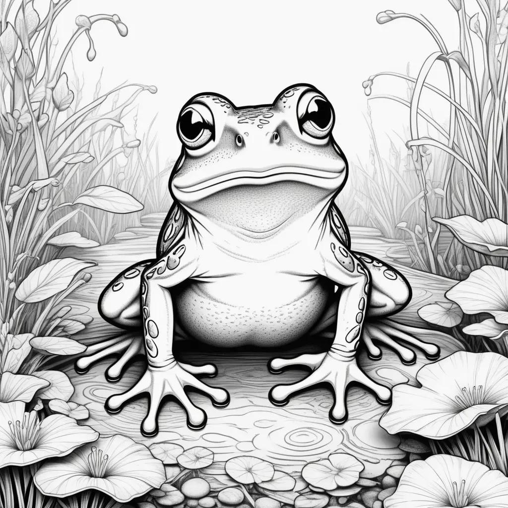 Colorful frog coloring page with yellow flowers