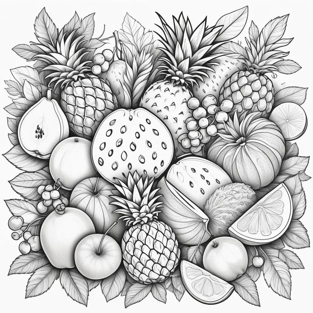 Colorful fruit and leaves black and white drawing