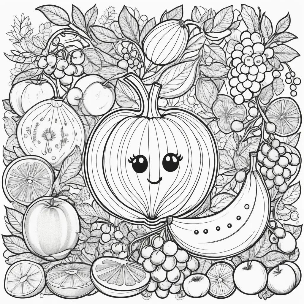 Colorful fruit of the spirit coloring page with cartoon eyes