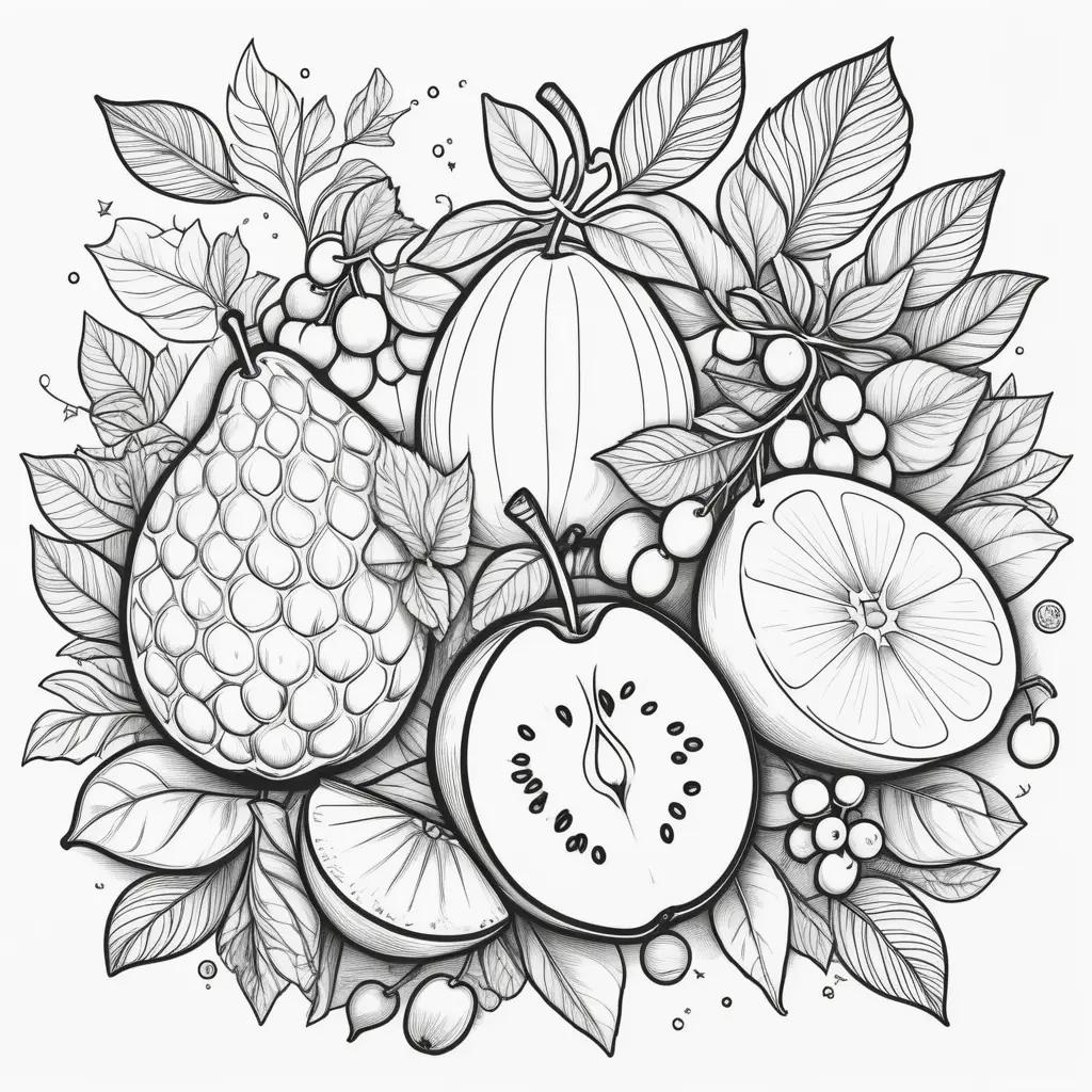 Colorful fruit of the spirit coloring page with leaves and fruit