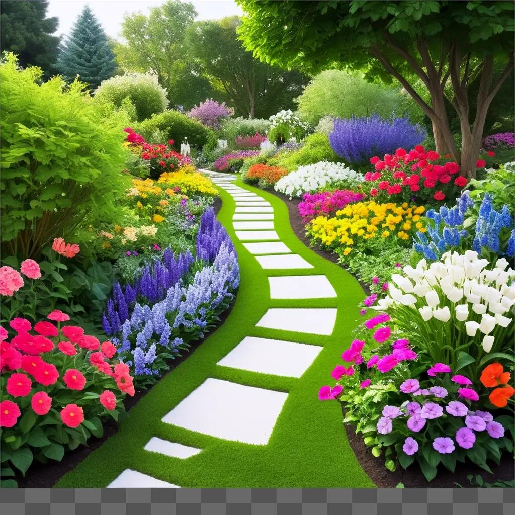 Colorful garden with winding path and blooming flowers