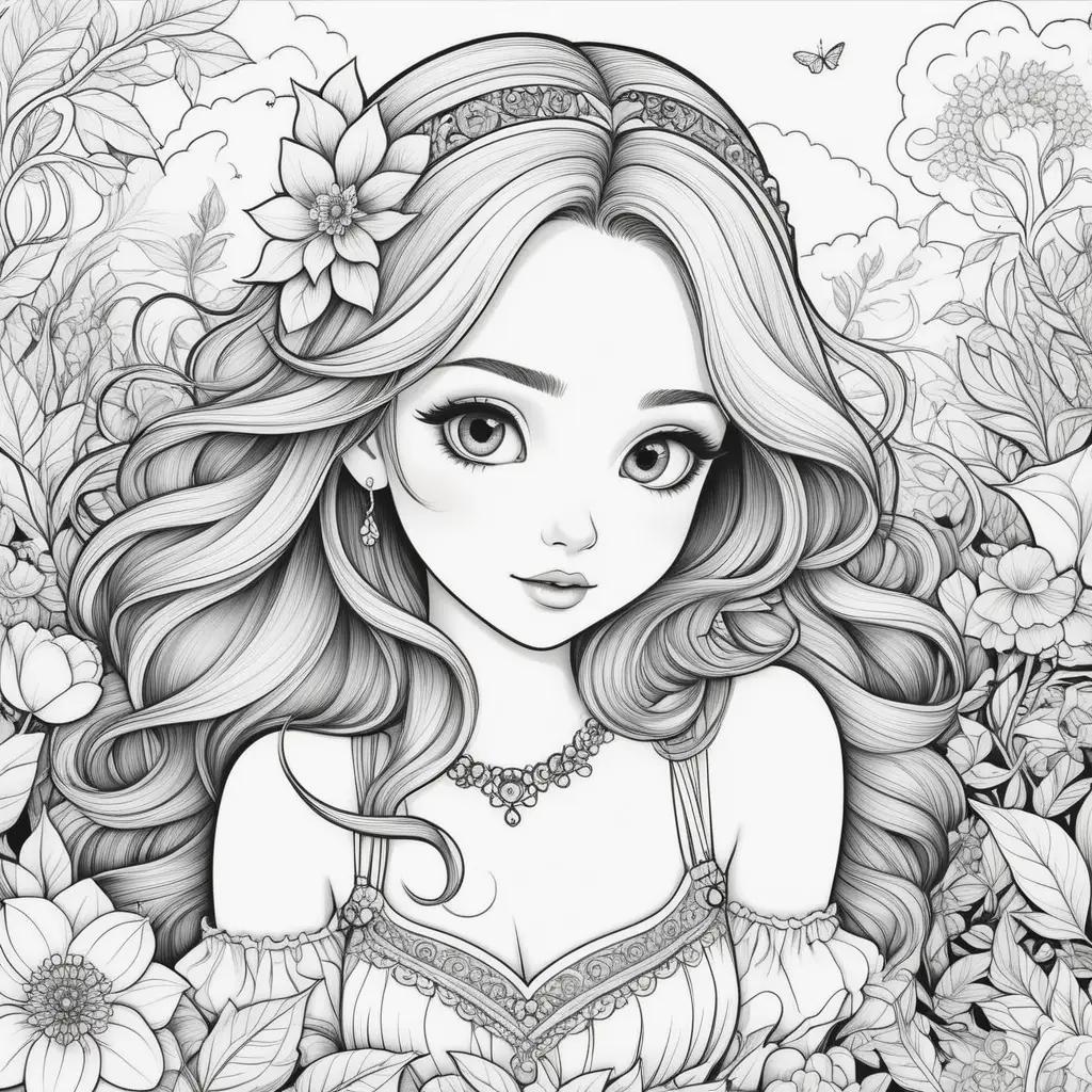 Colorful girl in a flower garden on a coloring page