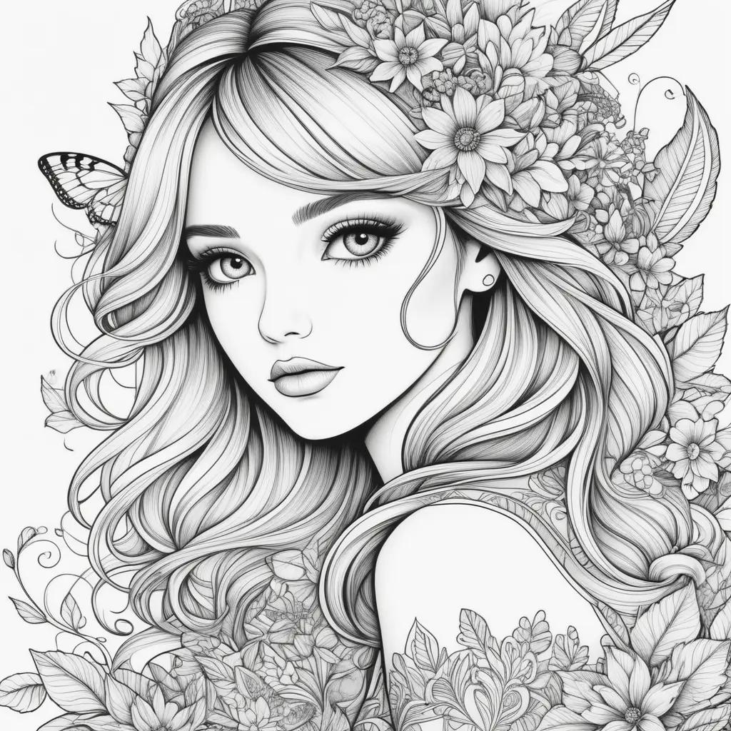 Colorful girl with flowers and butterflies on a coloring page