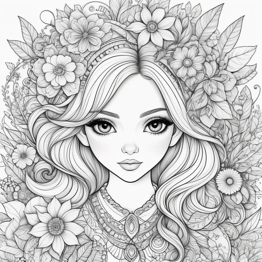 Colorful girly coloring pages with a crown on the head