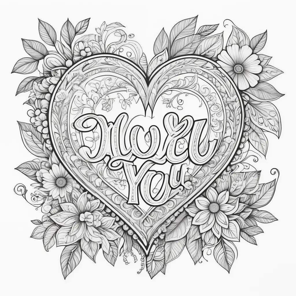 Colorful heart and flowers in I Love You Coloring Pages