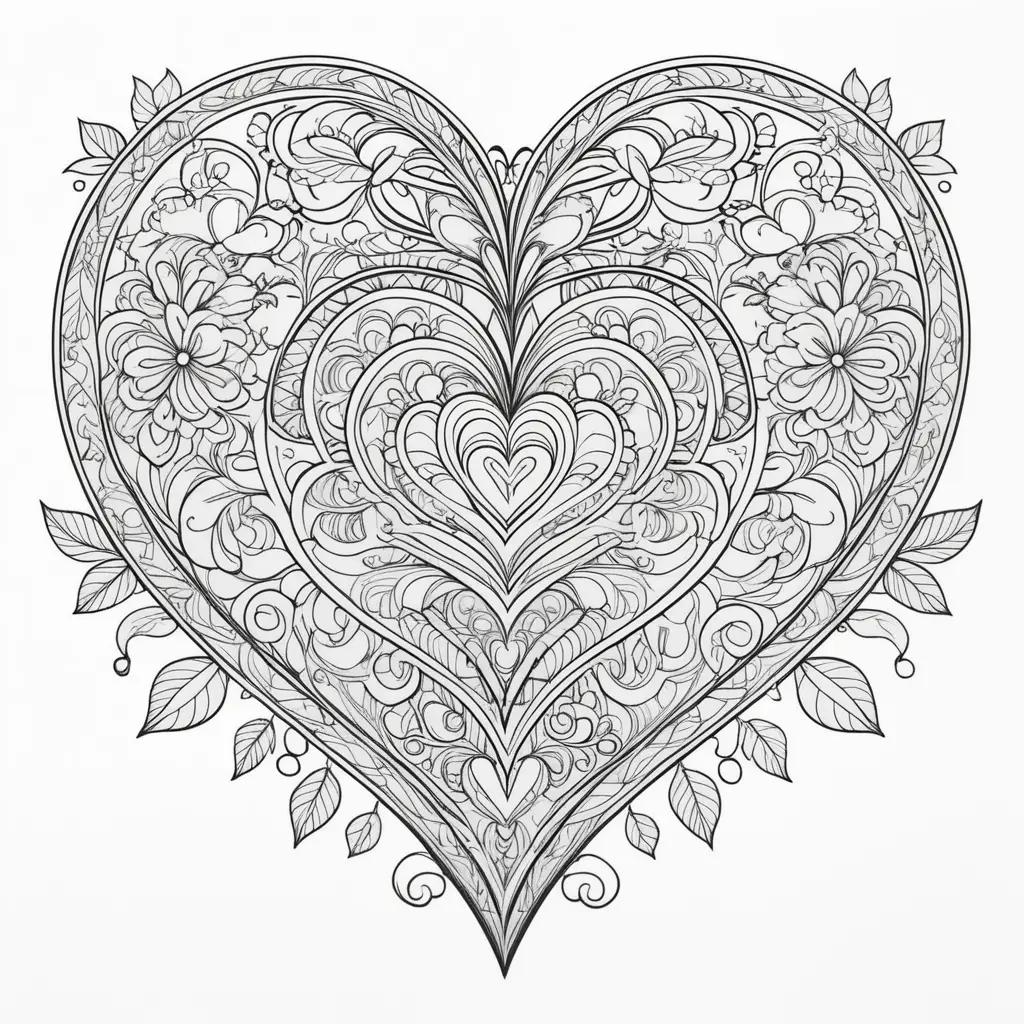 Colorful heart with flowers and leaves, printable adult coloring pages