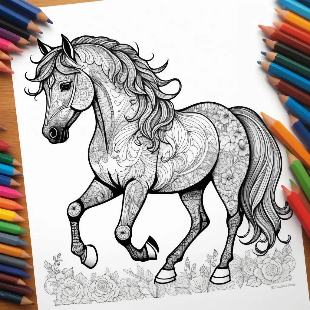 Colorful horse and floral design on a coloring page