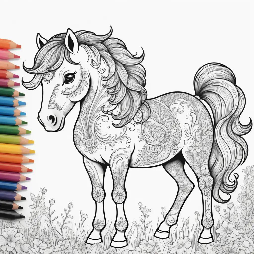 Colorful horse in a field with a variety of coloring pages