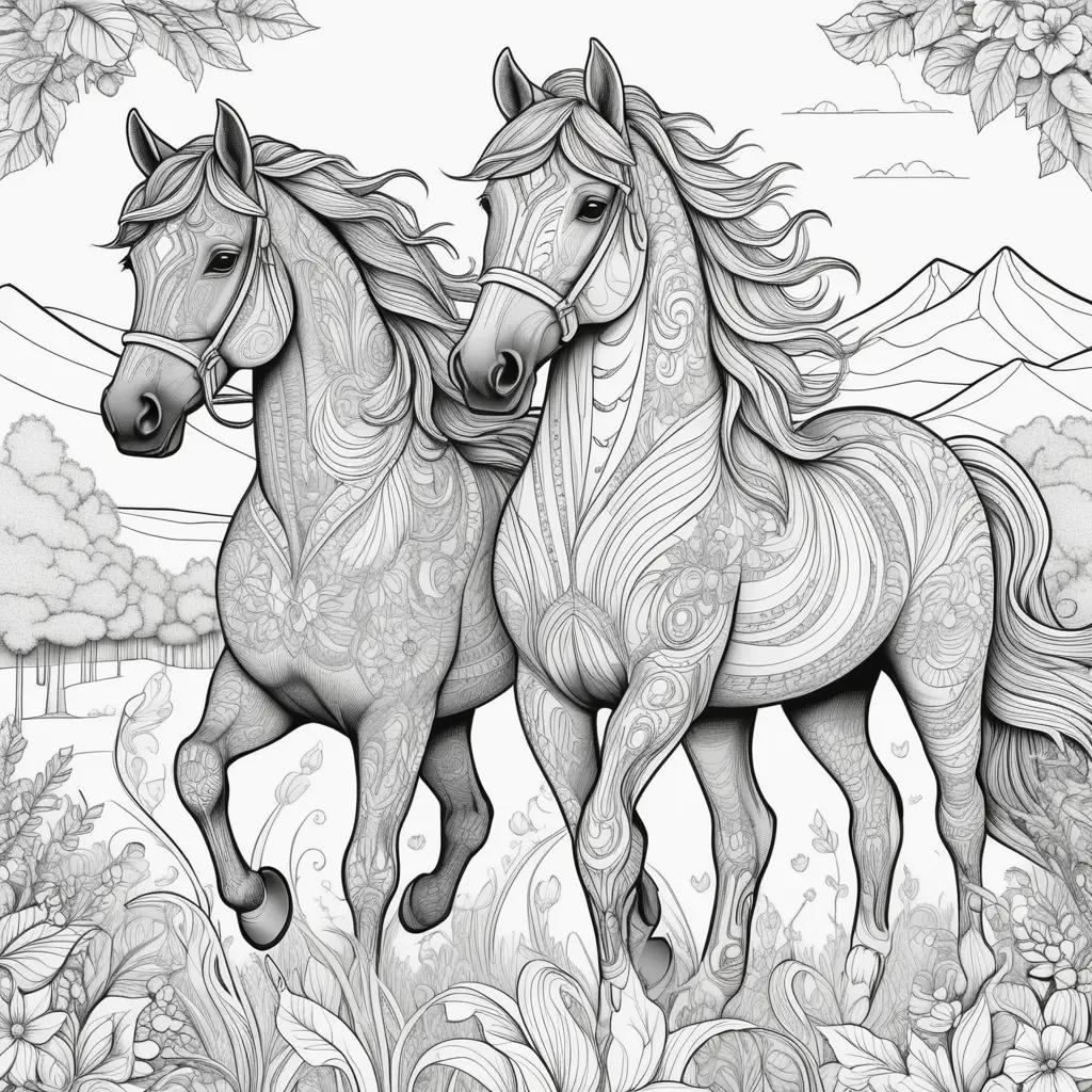 Colorful horses on a coloring page with flowers