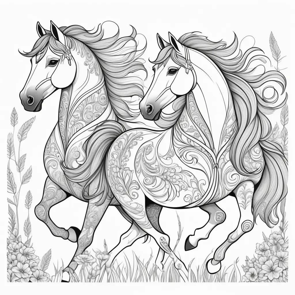 Colorful horses run through nature in coloring pages