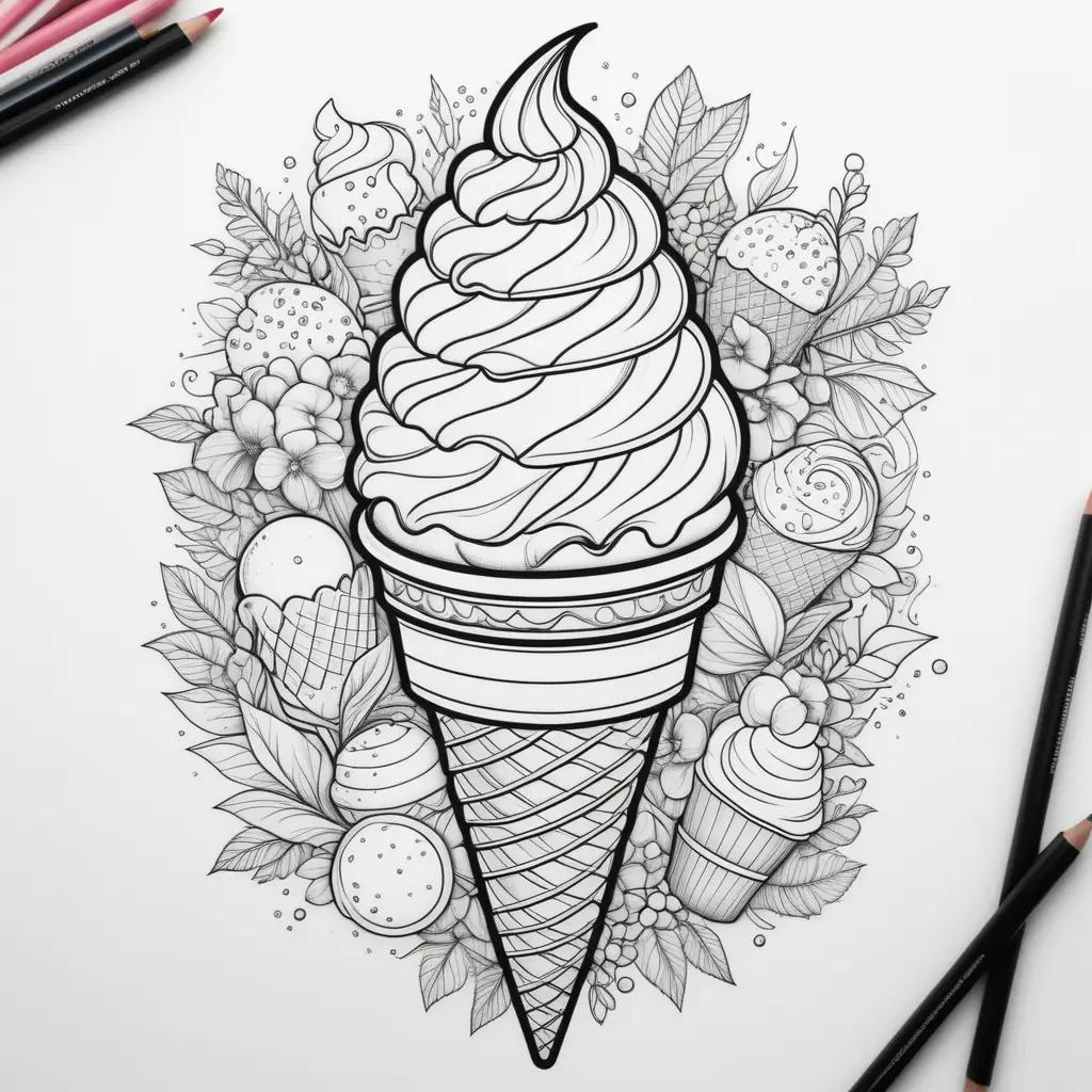 Colorful ice cream cone surrounded by cupcakes and flowers