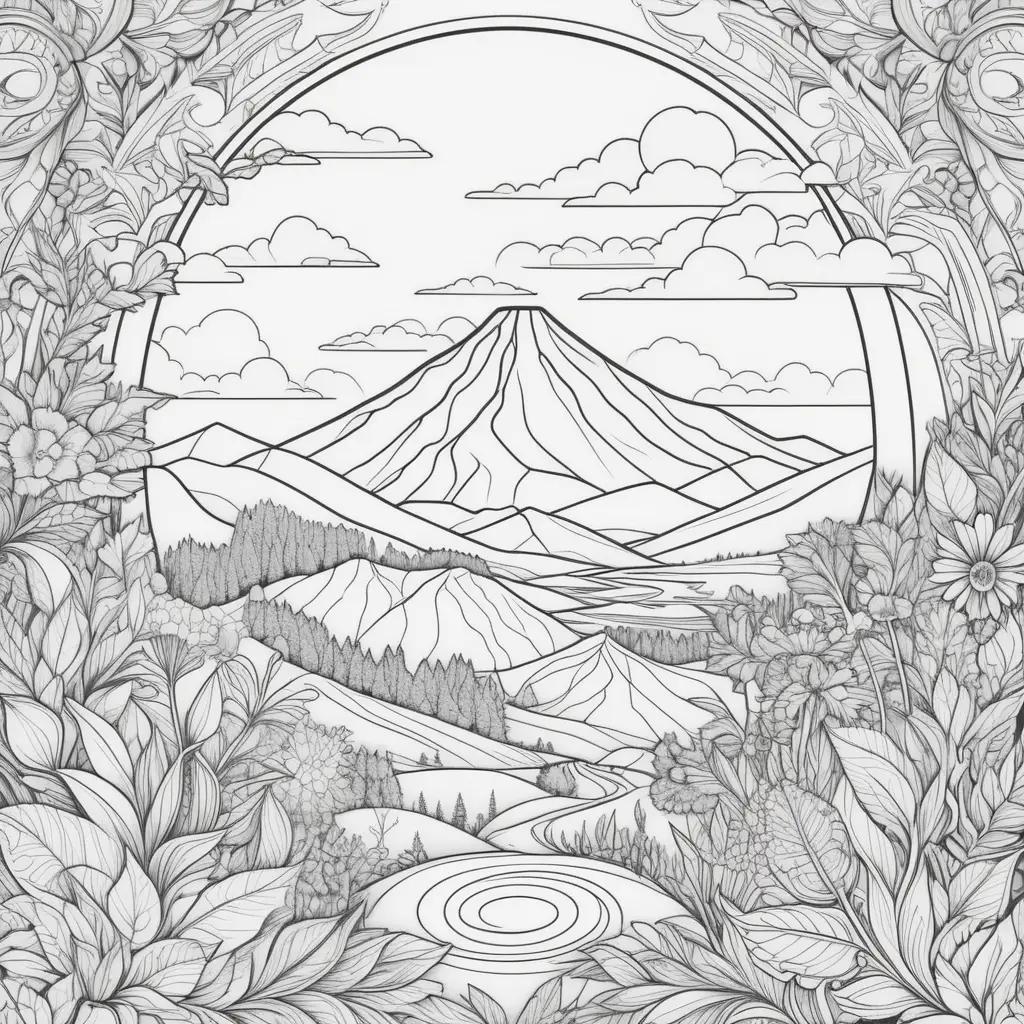 Colorful illustration of a landscape featuring a mountain, trees, and flowers