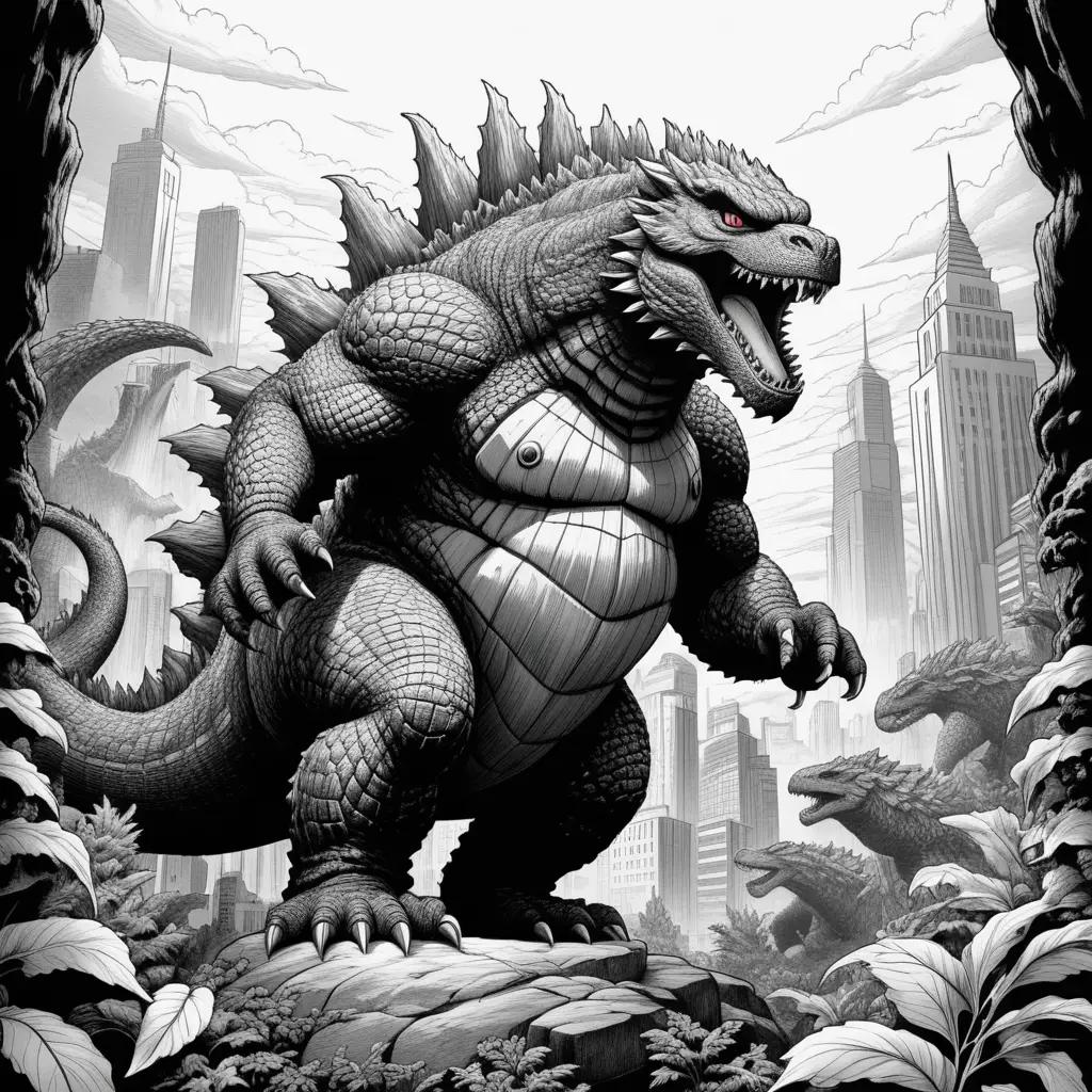 Colorful illustrations of Godzilla, King of the Monsters