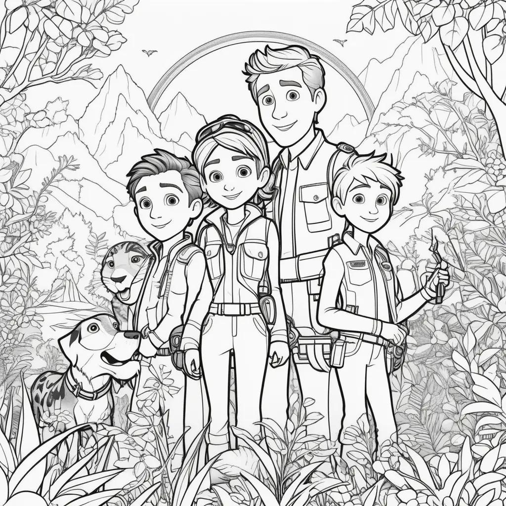 Colorful illustrations of Wild Kratts family in the forest