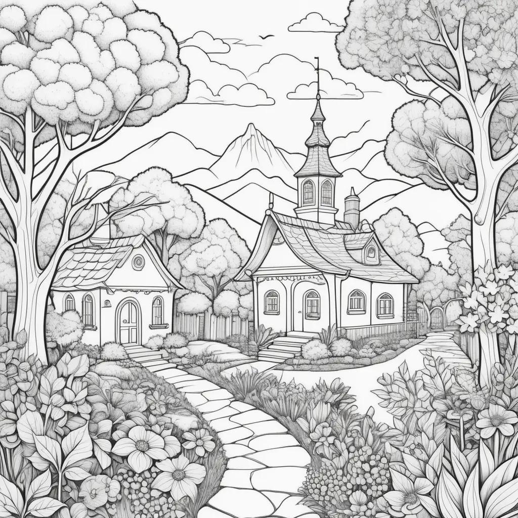 Colorful illustrations of a church and a house in a garden