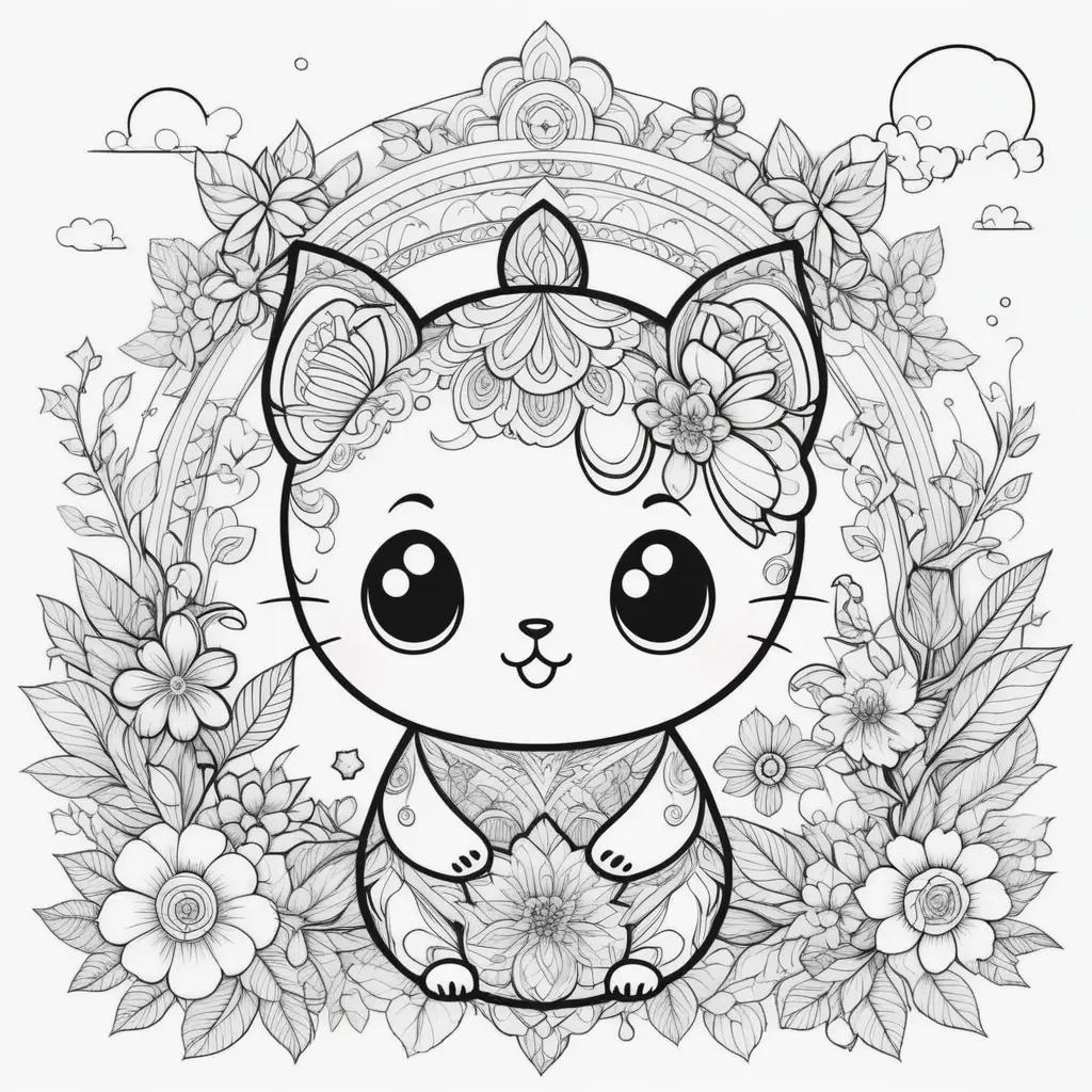 白黒のカラフルな可愛い猫と花のイラスト