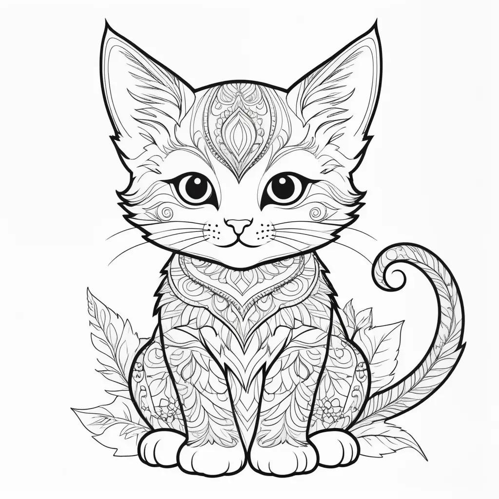 Colorful kitten drawing with patterns and leaves