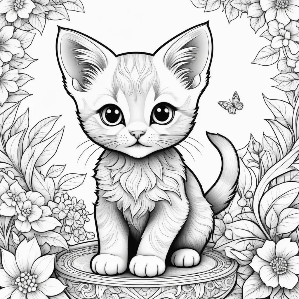 Colorful kitten on a pedestal, butterfly, and flowers