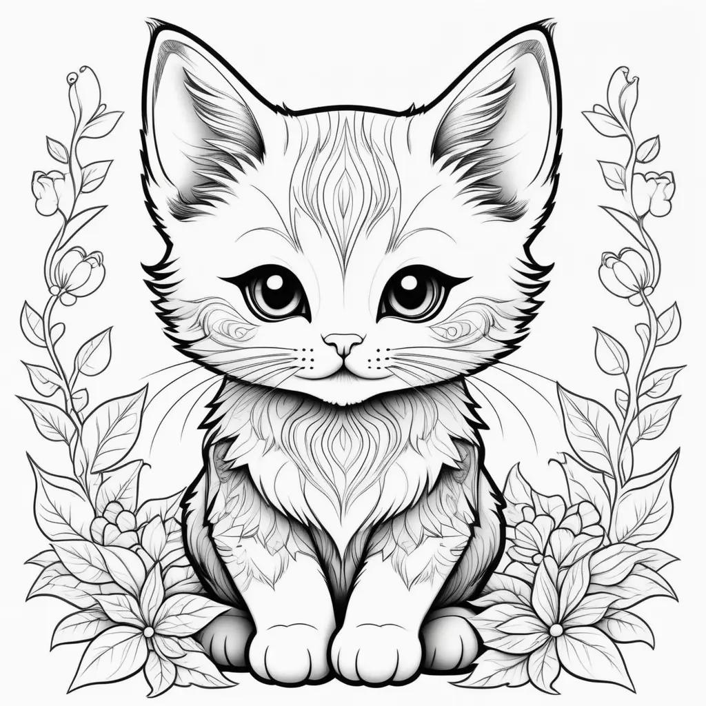 Colorful kitten with floral background for coloring