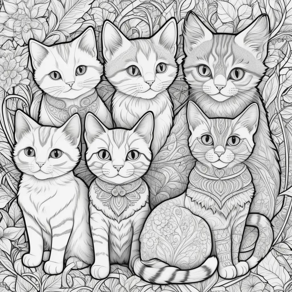 Colorful kittens and cats in a floral pattern