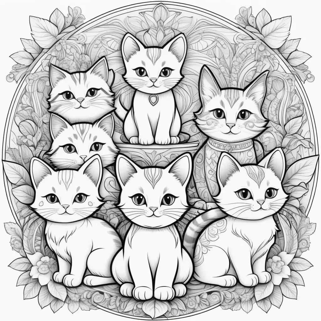 Colorful kittens in a flower design on a coloring page