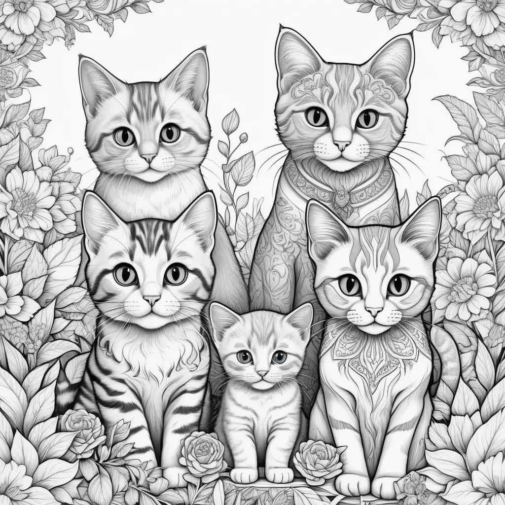 Colorful kittens in black and white coloring pages