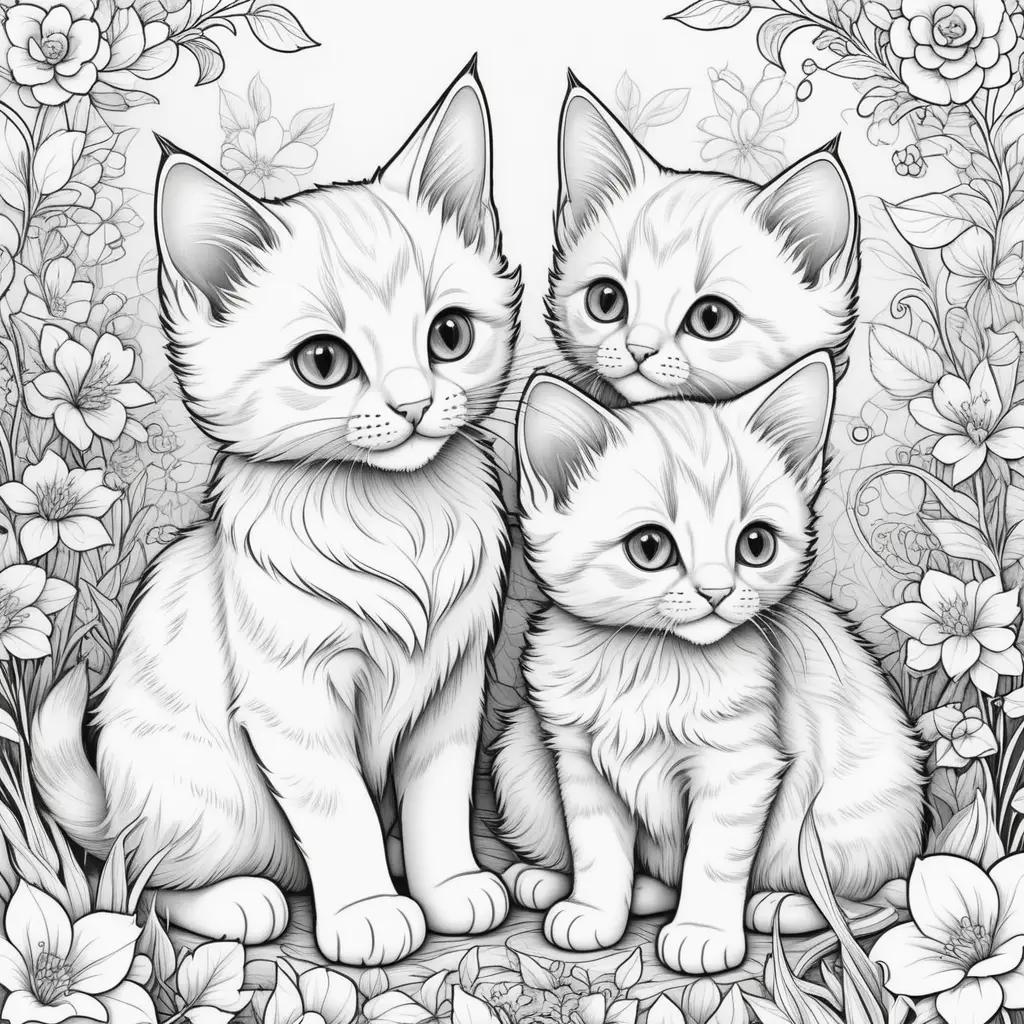 黒と白のぬりえと花の背景にカラフルな子猫