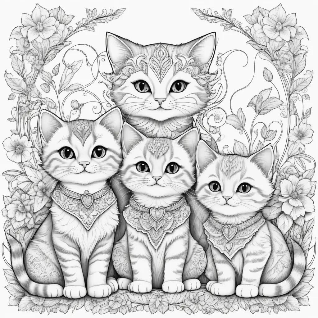 Colorful kittens in floral designs adorn coloring pages