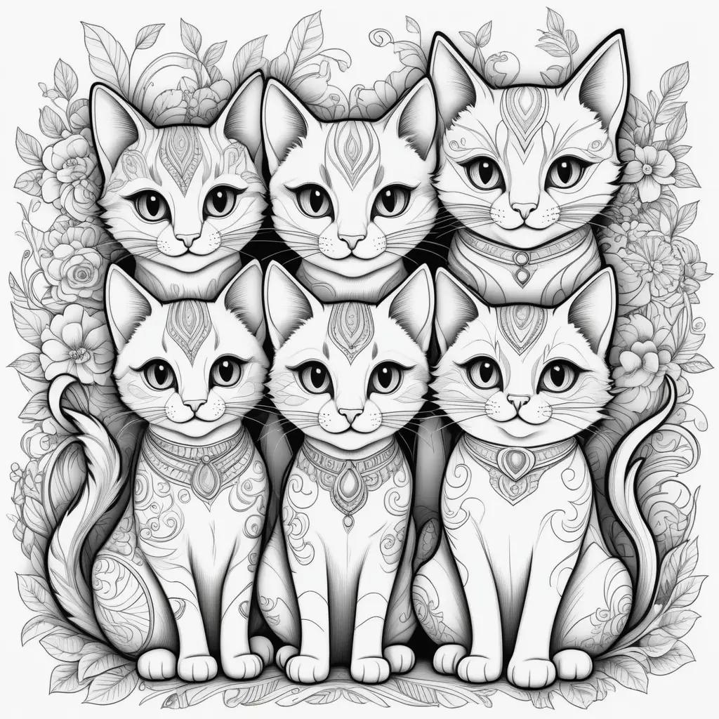 Colorful kittens in intricate designs on a floral background