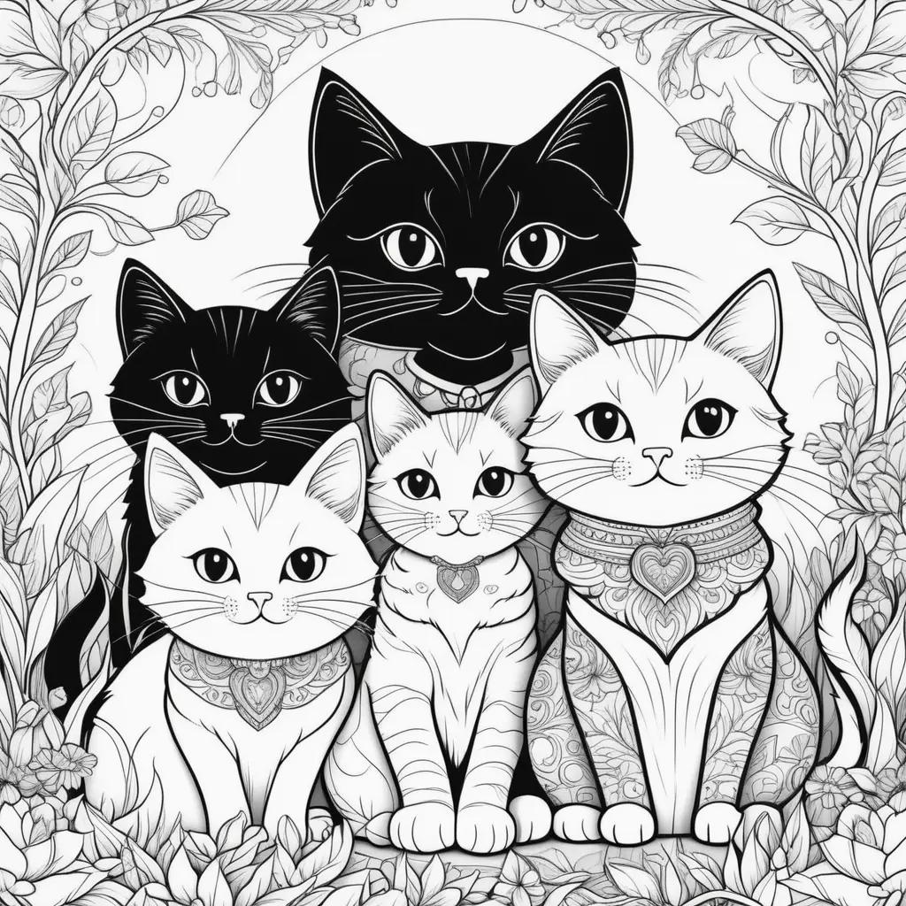 Colorful kitties fill a coloring page with a floral background