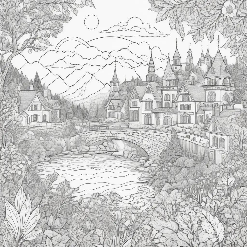 Colorful landscape of a town and mountains in January coloring pages