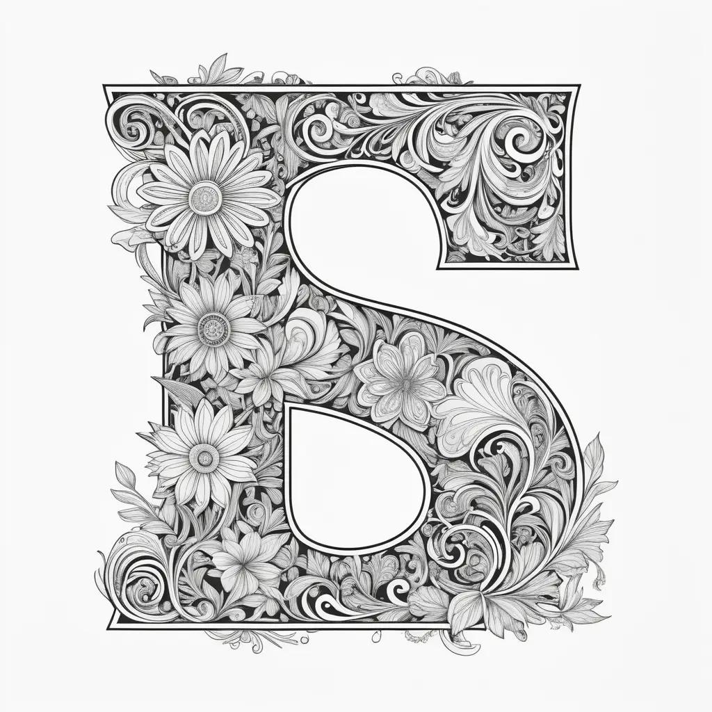 Colorful letter s with floral designs in black and white