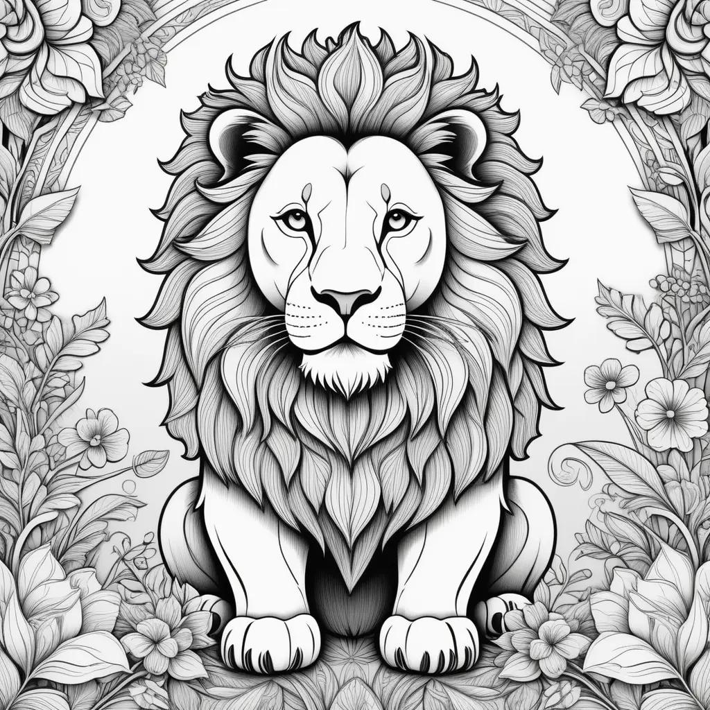 Colorful lion coloring page with flowers and leaves