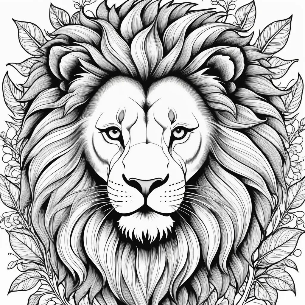 Colorful lion face on a leafy background