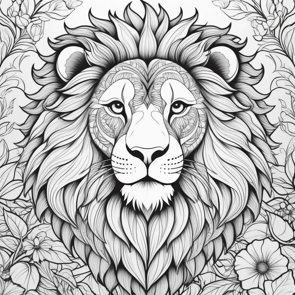 Colorful lion head and floral background with black and white coloring pages