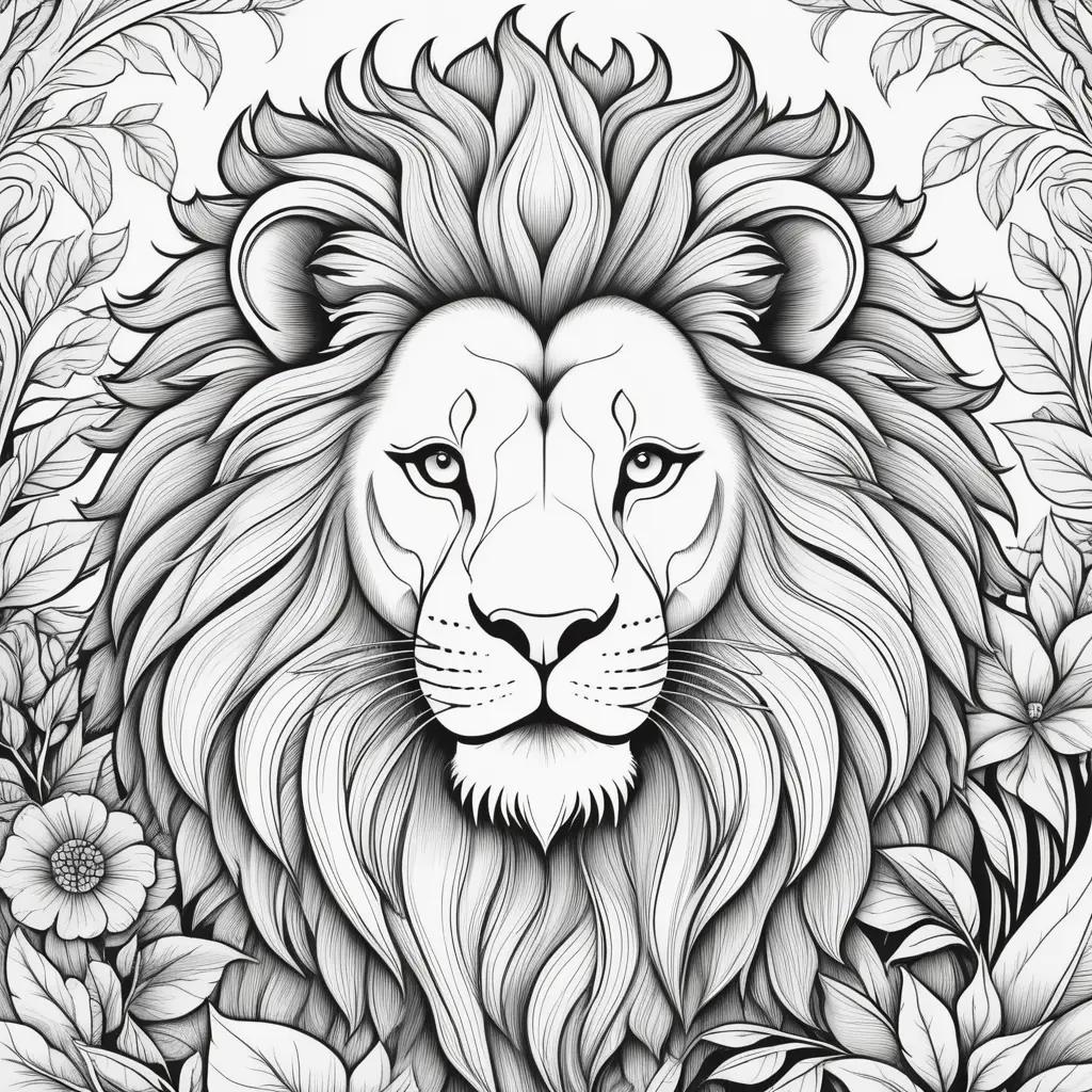 Colorful lion head in a floral background on a coloring page