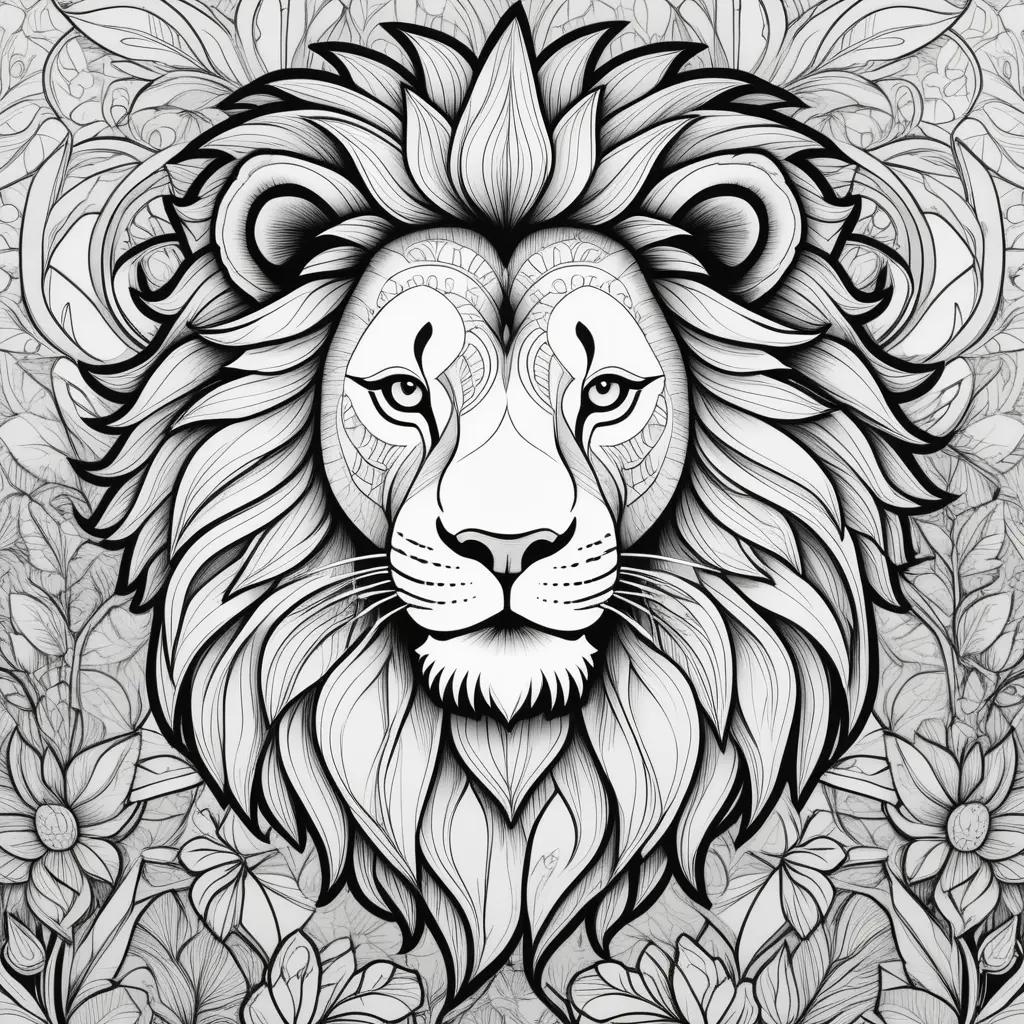 Colorful lion head in black and white drawing