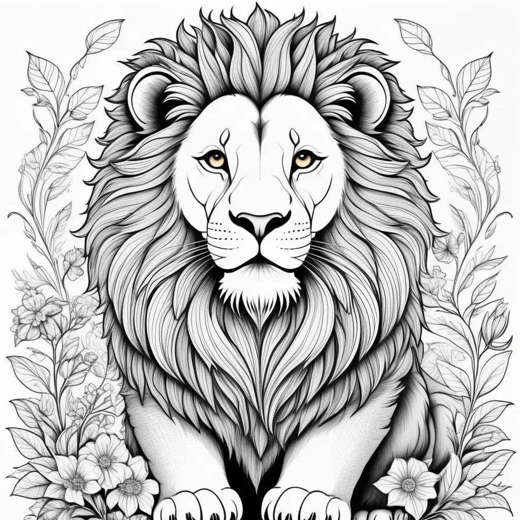 Colorful lion with flowers and leaves