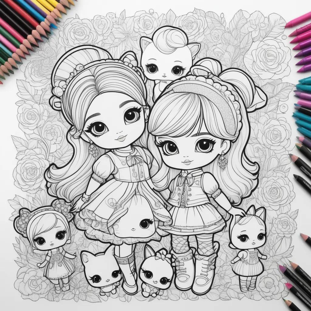 Colorful lol dolls coloring pages with cats and flowers