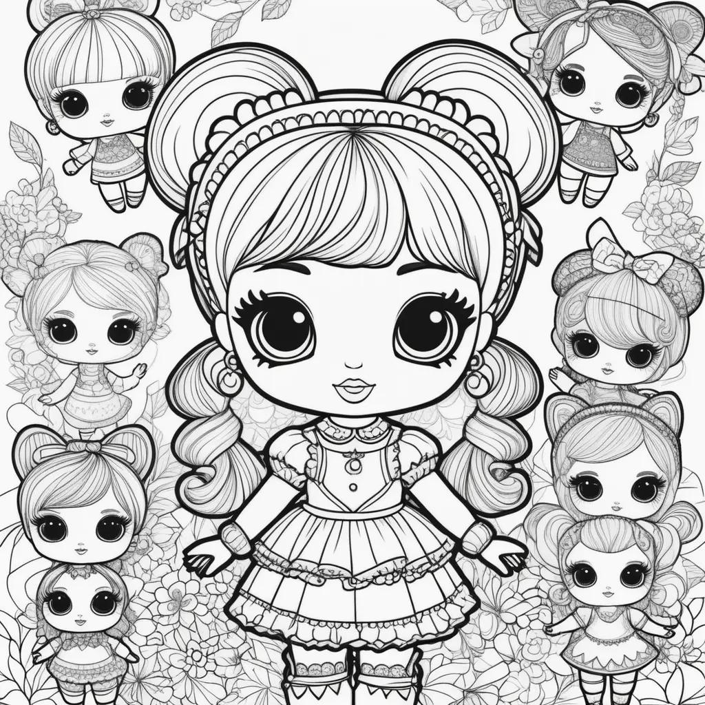 Colorful lol dolls in black and white coloring pages