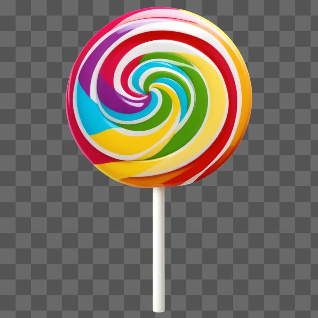 Colorful lollipop with swirly design on a light brown surface