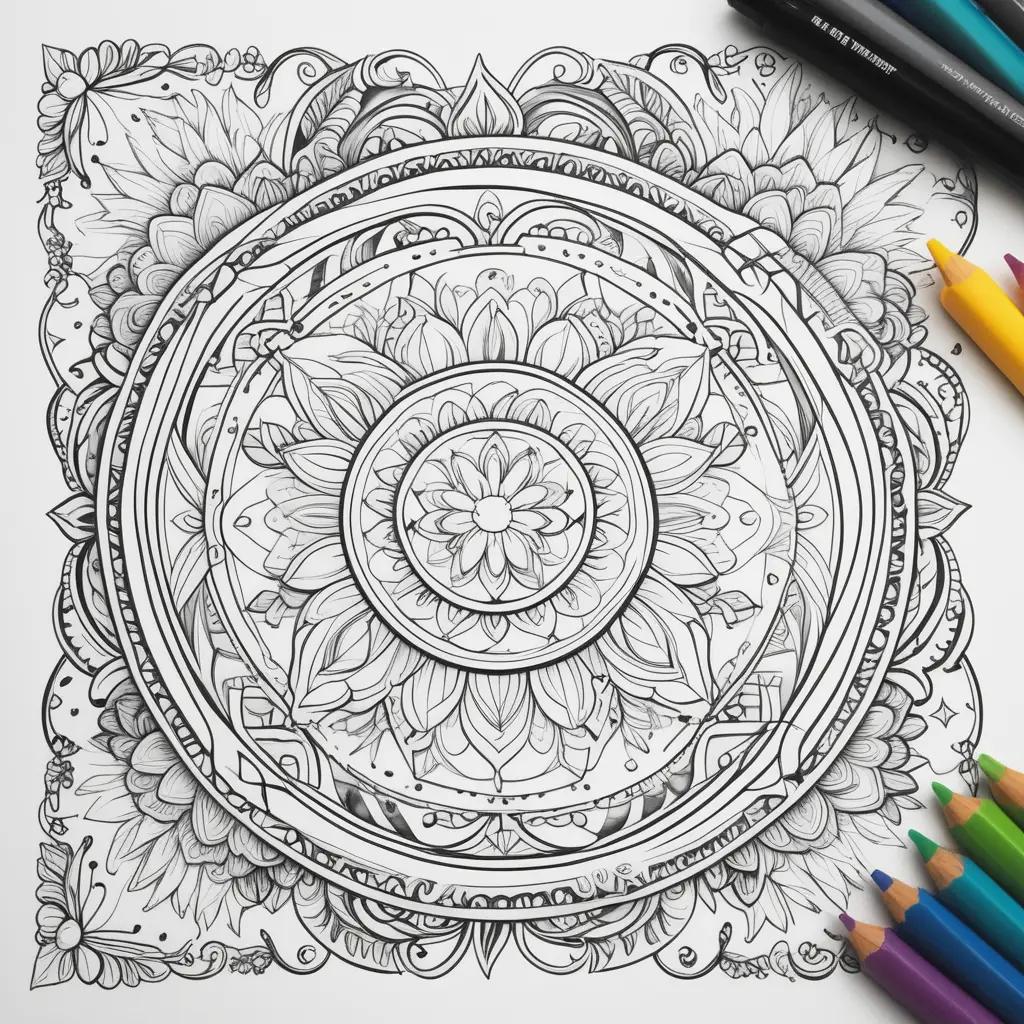 Colorful mandala design on a white background with colored pencils