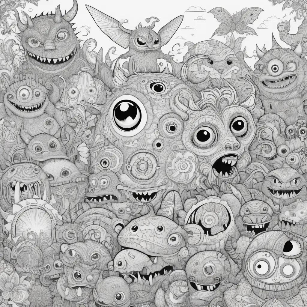 Colorful monster coloring pages in a sketch book