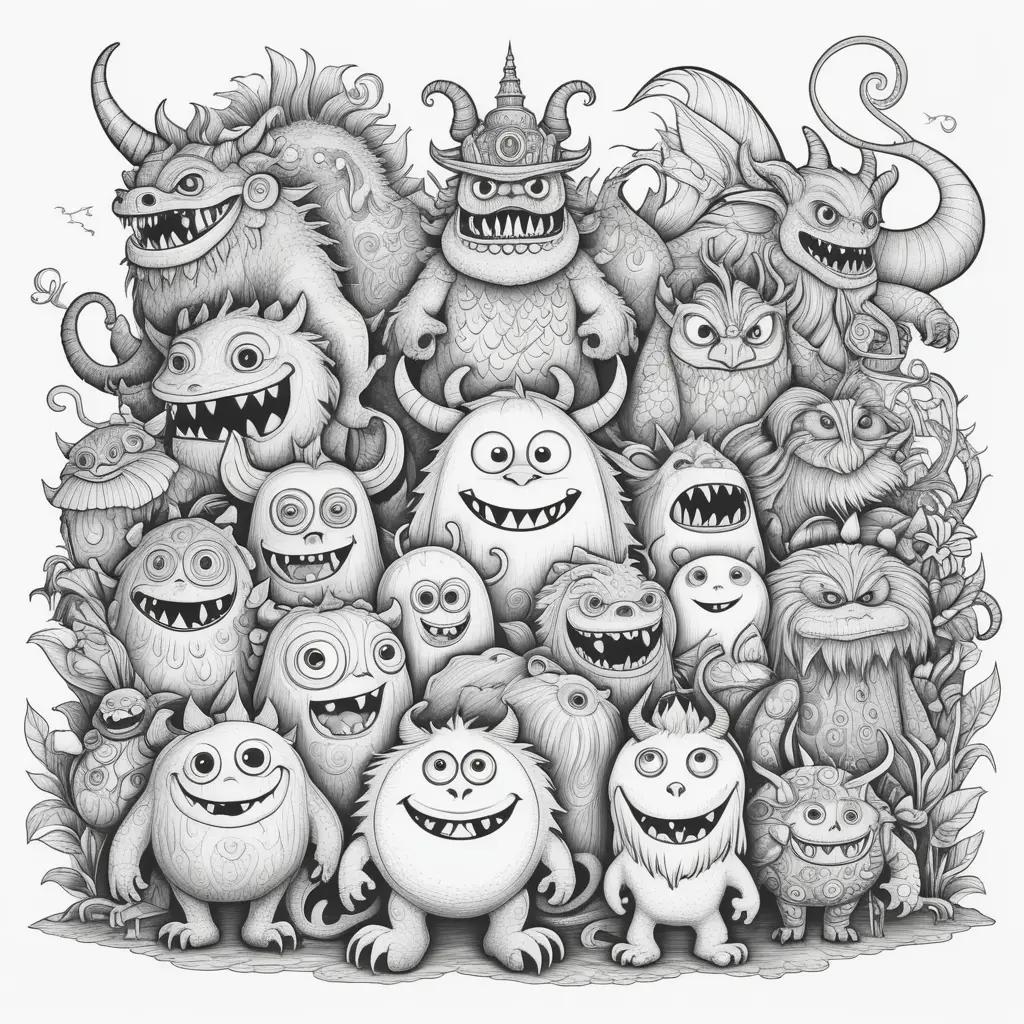 Colorful monster coloring pages in black and white