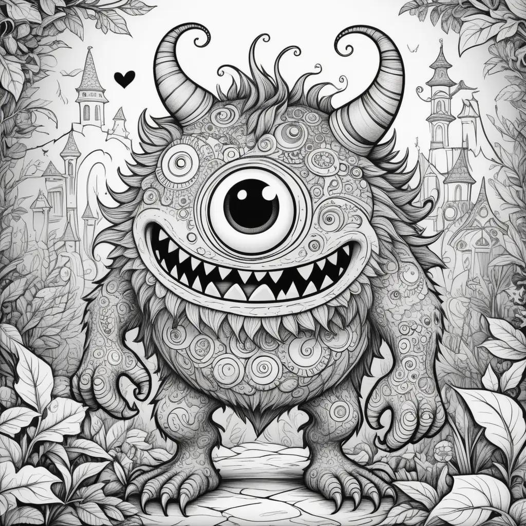 Colorful monster drawing in black and white