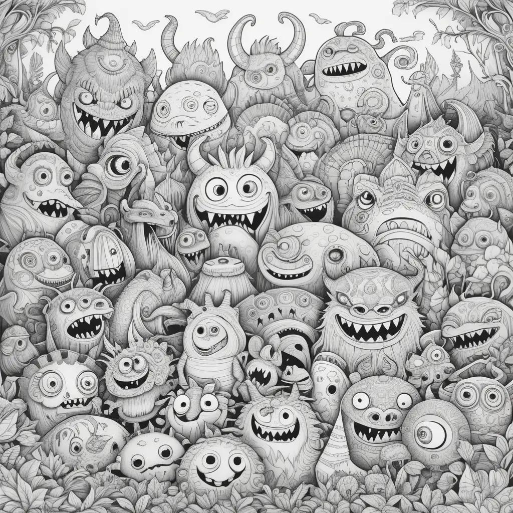 Colorful monster drawings on a black and white background