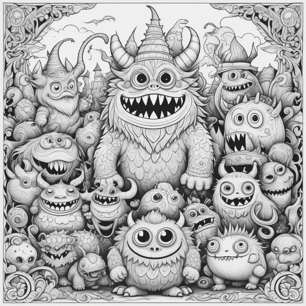 Colorful monster illustrations in black and white