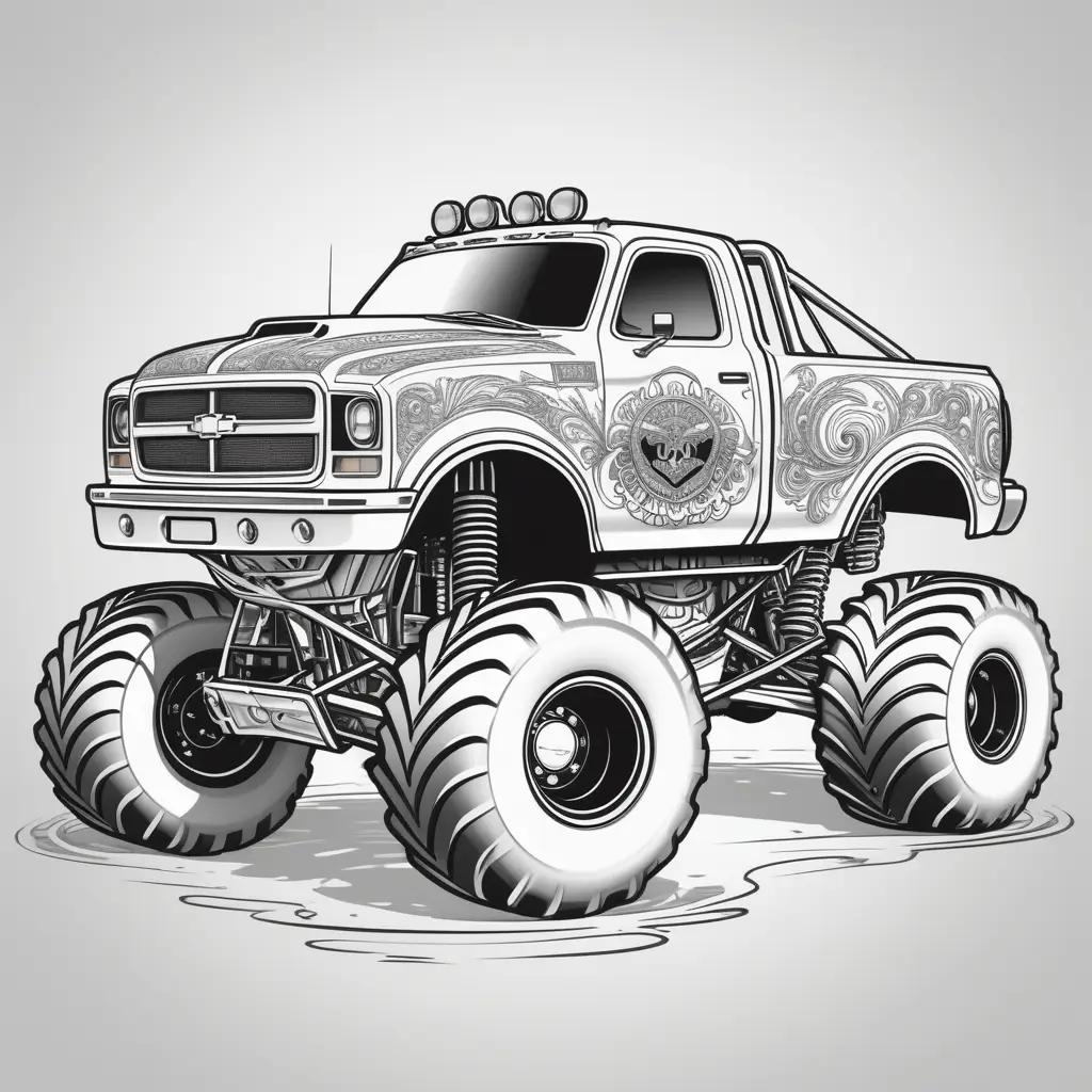 Colorful monster truck coloring page with big wheels and horns