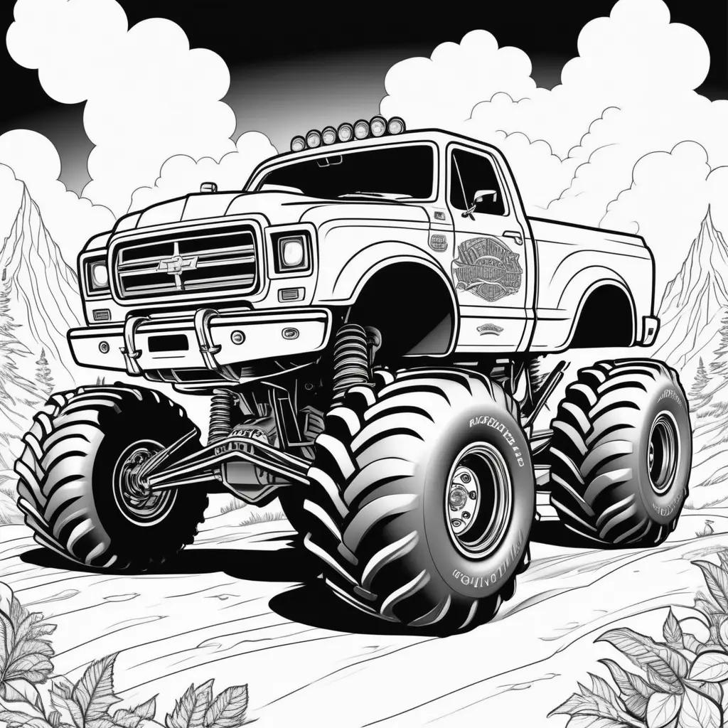 Colorful monster truck coloring page with trees in the background